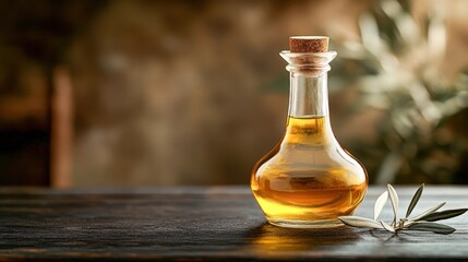 Olive oil in glass bottle on wooden table with olive branch