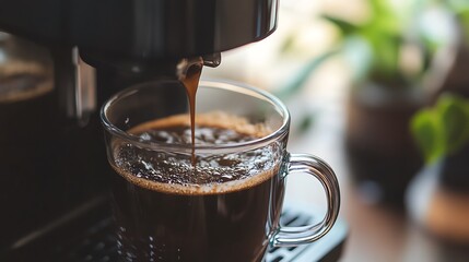 Fresh brewed coffee pouring into a clear glass cup, coffee machine in background.