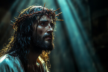 Jesus Christ illuminated by a single beam of light from above. A crown of thorns rests on His head, casting soft shadows on His serene face. The scene is somber and reverent	
