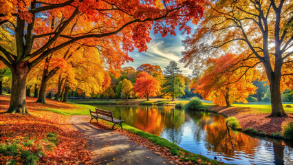 Obraz premium vibrant tapestry of autumnal hues unfolds as trees ablaze with orange, yellow, and red leaves cast their reflections upon a placid lake. Golden sunlight filters through the canopy 