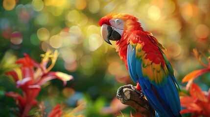 Obraz premium Colorful parrots perched on a branch with tropical flowers in the background.