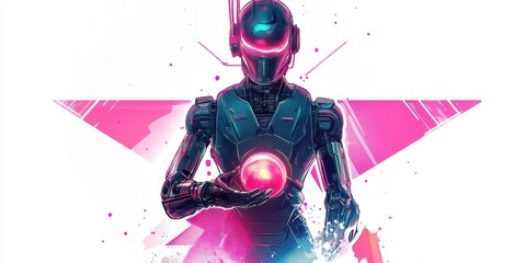Naklejka premium Robot holding sphere against pink background.