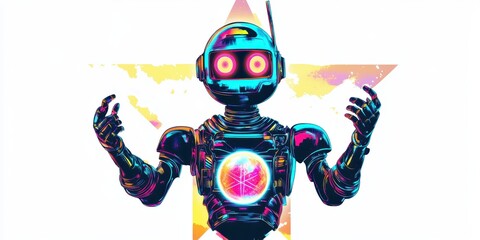 A neon robot with glowing eyes and hands.