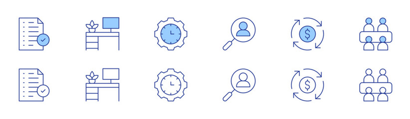 Work icon set in two styles, Duotone and Thin Line style. Editable stroke. result, work space, time management, recruitment, circular economy, meeting