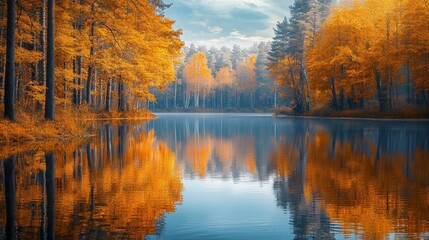Obraz premium Autumn trees reflecting in a calm lake with misty mountains in the background, creating a serene and tranquil atmosphere