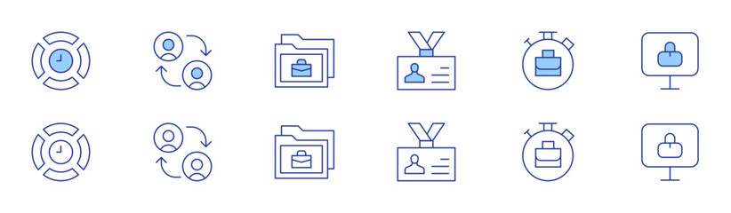 Work icon set in two styles, Duotone and Thin Line style. Editable stroke. time management, id card, collaborate, telecommuting, work, remote working