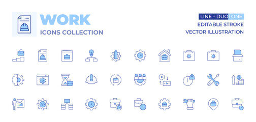 Work icons collection. Line Duotone style, editable stroke. helmet, wrench, working hours, briefcase, job, work, working, exchange, time management, desk, settings, hourglass, work in progress, report