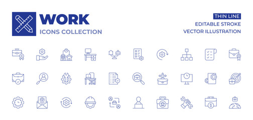 Work icons collection. Thin Line icons, editable stroke. opportunity, work from home, work in progress, hard hat, shift, job search, workplace, result, online learning, arrows.