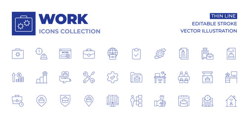 Work icons collection. Thin Line icons, editable stroke. work time, pin, money, job promotion, shield, tool, travel, location, e work, working, work table, assignment, wrench, check
