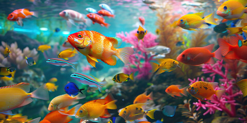 A colorful aquarium filled with exotic fish, highlighting the vibrancy of underwater life and the role of animal caretakers.