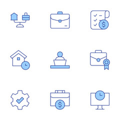 Work icons set. Line Duotone style, editable stroke. portfolio, briefcase, time, shopping list, working at home, balance, suitcase, working, check