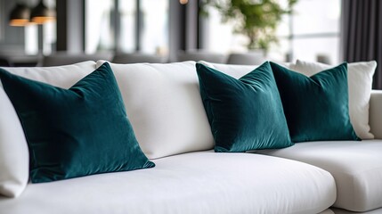 Close-up of a white sofa with dark green throw pillows in a modern living room