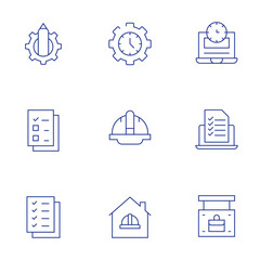 Work icons set. Thin Line style, editable stroke. file, helmet, checklist, working at home, work in progress, time management, check list, work, working time