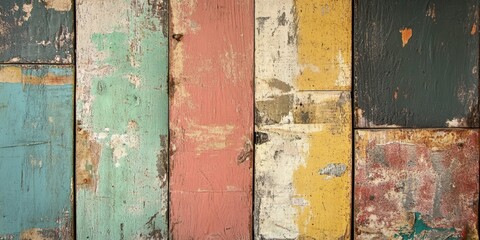Multicolored wooden planks with peeling paint.