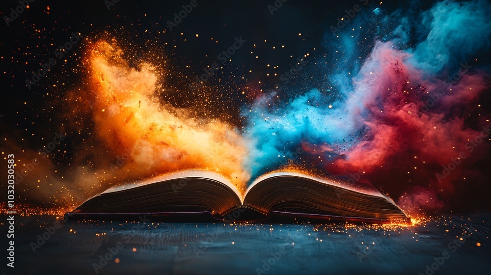 Poster minimalistic dark background with an open book in the center releasing streams of colorful dust and 