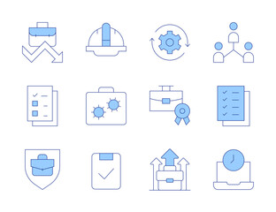 Work icons. Line Duotone style, editable stroke. arrows, job promotion, briefcase, checklist, overwork, audit, work in progress, networking, helmet, shield, employment, file