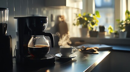 Freshly brewed coffee in a cozy kitchen, steam rising from a cup.
