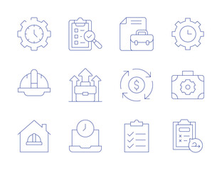 Work icons. Thin Line style, editable stroke. helmet, inventory, job promotion, circular economy, overwork, checklist, portfolio, working at home, time management, list, work in progress