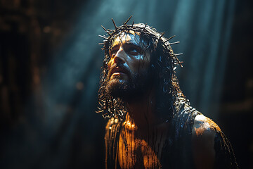 Jesus Christ illuminated by a single beam of light from above. A crown of thorns rests on His head, casting soft shadows on His serene face. The scene is somber and reverent 