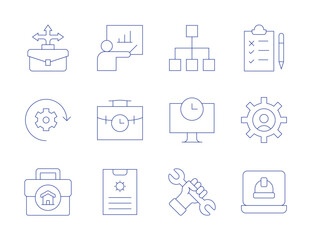 Work icons. Thin Line style, editable stroke. opportunity, scheme, work in progress, time, work from home, wrench, lecture, test, briefcase, settings, work