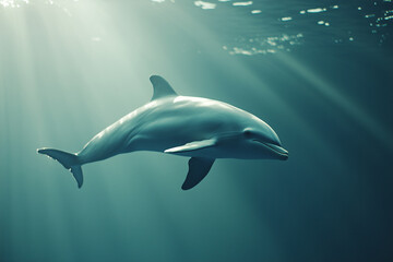 Fototapeta premium A COP30 session on ocean conservation and marine biodiversity..A dolphin swims in the ocean with sunlight shining through