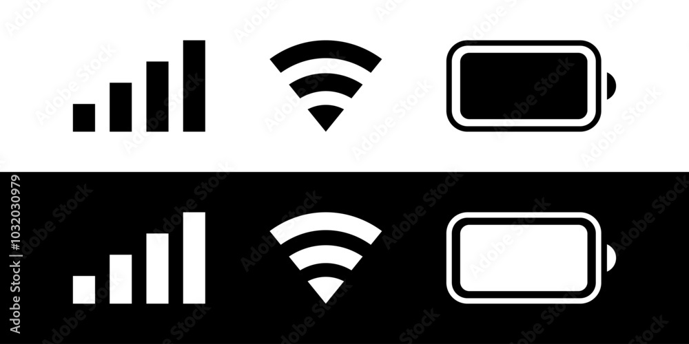 Wall mural iphone ios notification bar wifi signal battery user interface icons. black white icon set of phone 