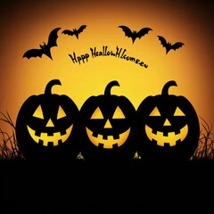 Fototapeta premium Three Halloween Pumpkins with Carved Faces, Orange Background, Bats, and Happy Halloween Message