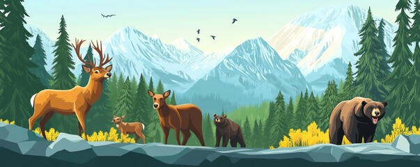 Illustration of wild animals in a lush forest with snowy mountains in the background, capturing the beauty of nature and wildlife.