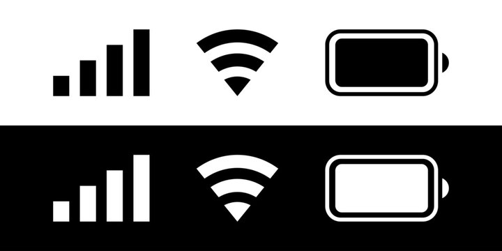 iPhone ios notification bar wifi signal battery user interface icons. Black white icon set of phone ui vector illustration