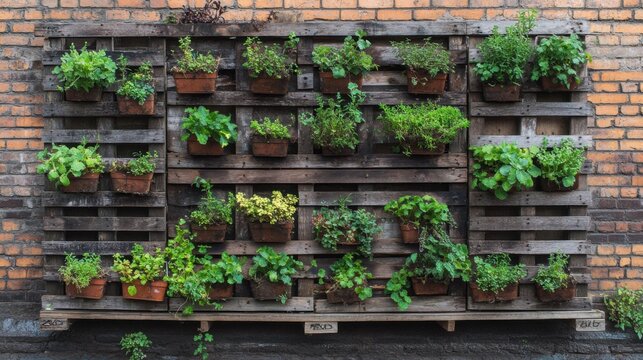 Vertical wooden pallet garden with various herbs on brick wall outdoors