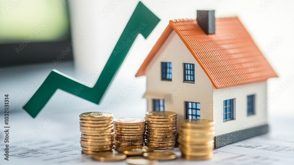Poster A small model house sits on a table with a green arrow pointing up behind it. In front of the house are stacks of gold coins on a piece of paper with printed lines.