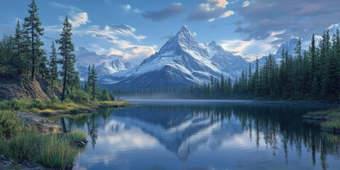 A calm lake reflecting a snow-capped mountain.