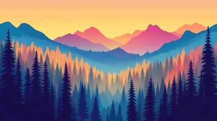 Obraz premium Vibrant mountain landscape at sunset with colorful sky and forest silhouette, capturing the essence of nature's beauty and tranquility.