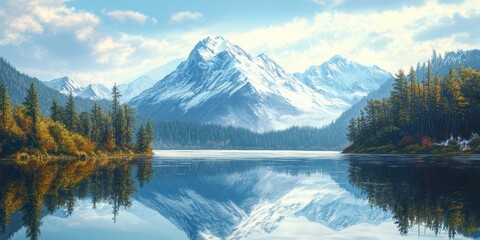 Mountain reflected in tranquil lake.