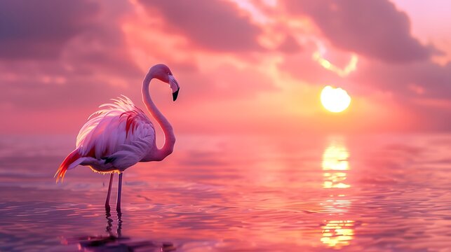 Flamingo standing gracefully in a shallow water against a pink sunset.