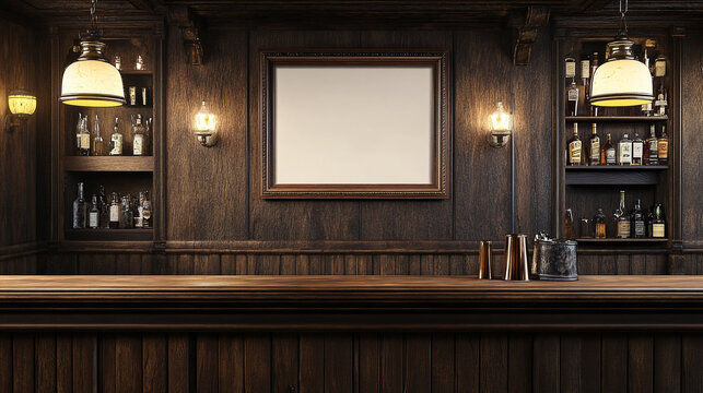 A blank picture frame hanging on the old textured wooden wall in a cosy old english or irish pub