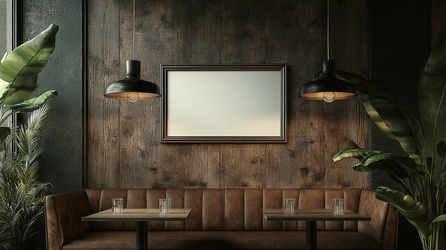 A blank picture frame hanging on the old textured wooden wall in a cosy old english or irish pub