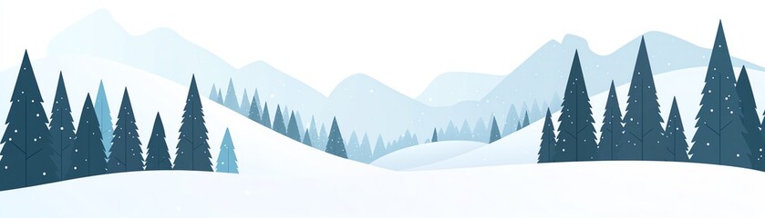 Scenic winter landscape illustration with snowy hills and pine trees, creating a peaceful and serene forest backdrop against a mountain range.
