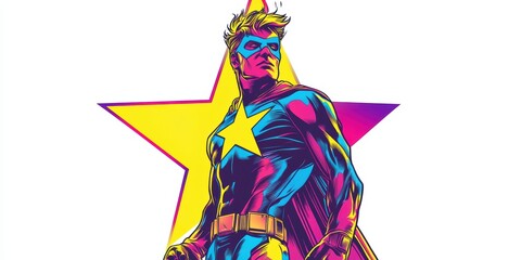 A superhero stands before a star.