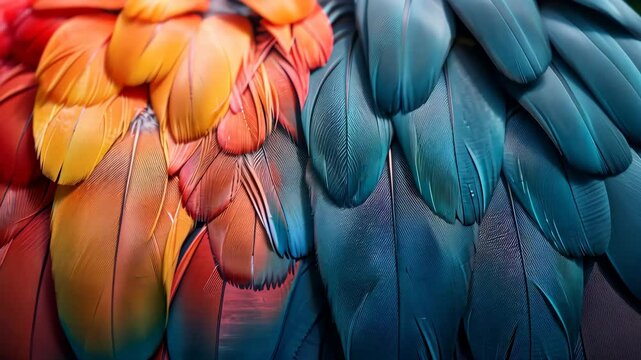 Close-up of colorful parrot feathers, vibrant nature detail. Exotic wildlife and beauty concept.