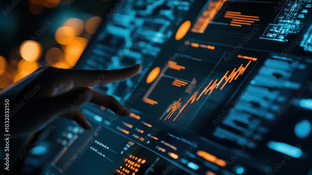 Poster analyzing data on a computer screen