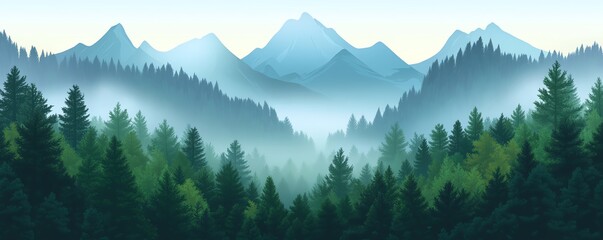 Obraz premium Serene mountain landscape with lush green forests and misty peaks under a clear sky, perfect for nature and tranquility themes.
