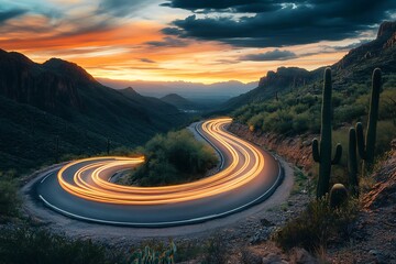 Fototapeta premium A vertical long exposure shot of a road in the mountains under a sunset sky