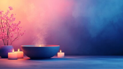Tranquil Spa Setting with Burning Candles, Smoke, and Flower Arrangement.