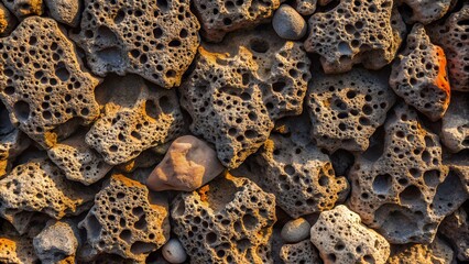 Porous volcanic rocks with rusty orange and brown tones in close-up