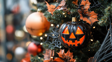 Halloween decorations on a christmas tree