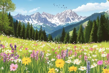 Vibrant mountain landscape with wildflowers in bloom, lush green forest, and snow-capped peaks under a clear blue sky.