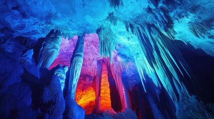 Stunning cave formations of colorful stalactites and stalagmites, illuminated by natural light, creating a magical and serene scene