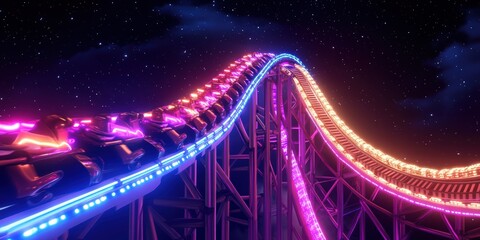 Fototapeta premium Neon roller coaster under starry night.