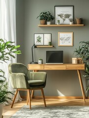 Fototapeta premium Modern working room with an olive green armchair, light wood desk, and simple wall shelves